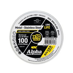 Tin of 10 - 100mm x 1mm Alpha Silver Series Cutting Discs for Metal & Stainless Steel