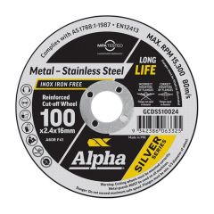 100mm x 2.4mm Alpha Silver Series Cutting Disc for Metal & Stainless Steel