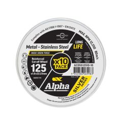 Tin of 10 - 125mm x 1mm Alpha Silver Series Cutting Discs for Metal & Stainless Steel