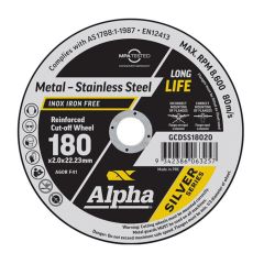180mm x 2mm Alpha Silver Series Cutting Disc for Metal & Stainless Steel