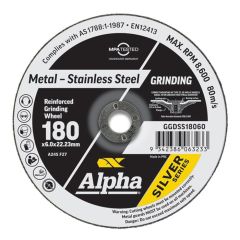 180mm x 6mm Alpha Silver Series Grinding Disc for Metal & Stainless